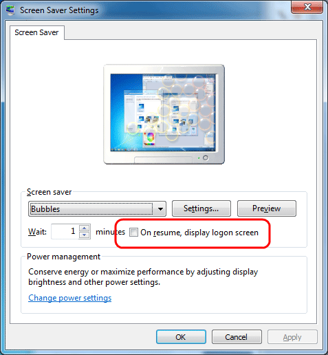Windows 7 Screen Saver, On Resume Settings